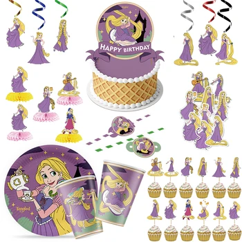Запутанные принадлежности для вечеринки в стиле Рапунцель, тема Рапунцель, Одноразовая посуда, чашка, тарелка, подарочный пакет, воздушный шар, детский душ на День рождения ребенка Изображение