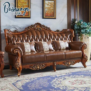 Комбинация кожаных диванов в европейском стиле, Верхний слой кожи, массив дерева, Угловая вилла 123, Резная мебель для гостиной Изображение