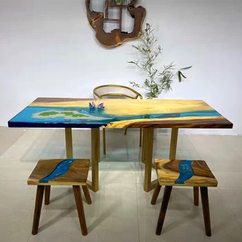 Искусство эпоксидной смолы река океан стол Ореховый стол Barflower массив дерева большая доска чайный столик Журнал чайный столик можно настроить Изображение
