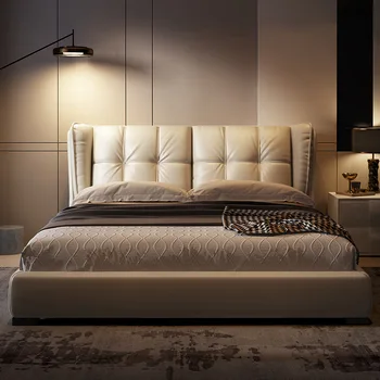 Современная кожаная кровать двуспальная кровать легкая роскошная кровать в скандинавском стиле 1,8 метра простая двуспальная кровать итальянская минималистичная свадебная кровать Изображение