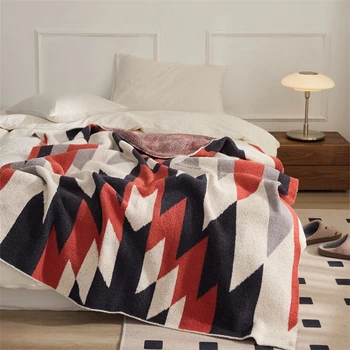 Мягкое роскошное вязаное одеяло с геометрическим рисунком в стиле бохо из 100% полиэстера, украшение для дома, офиса, яркий цвет Изображение