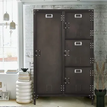 Металлический шкаф для хранения в деревенском стиле с полкой, запирающимися дверцами и подвесным стержнем, промышленный шкаф для хранения в гостиной, спальне Изображение
