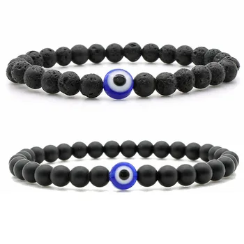 Браслет из бисера черного цвета 8 мм, синий счастливый глаз, модный мужской браслет, подарок для друга, ювелирные изделия для рук Изображение