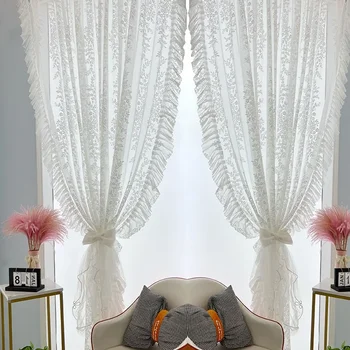 Прозрачные шторы для гостиной Роскошная спальня Тюлевые шторы для окна Французское кружево Мелкий Цветочный Белый Марлевый Принцессский стиль Изображение