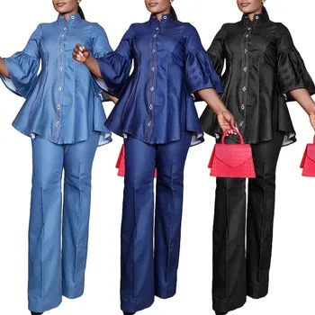 Весенняя мода 2024 года, африканская одежда для женщин, полиэстер с рукавом 3/4, Топ и брюки из 2 предметов, Комплекты в тон, Африканская одежда Дашики Изображение