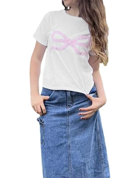 Женская базовая летняя футболка, топ Y2K, укороченный топ с коротким рукавом, сексуальная детская футболка с круглым вырезом, эстетика 90-х, уличная одежда Изображение