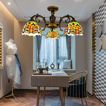 Потолочный светильник в стиле ретро, спальня, гостиная, Светодиодная потолочная люстра из стекла Тиффани, Стрекоза с несколькими головками, Подвесной светильник Изображение