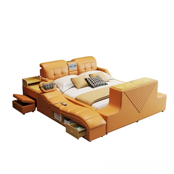 MINGDIBAO Ultimate Bed - Технологичная Умная кровать из Натуральной кожи, Многофункциональный Каркас кровати, Массаж, Динамик, Очиститель воздуха и сейф Изображение