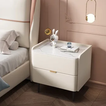 Aoliviya Официальный кремовый стиль, прикроватный столик из цельного дерева и кожи, светлая роскошная спальня, Небольшой прикроватный шкаф для хранения, Современный минималистичный Изображение