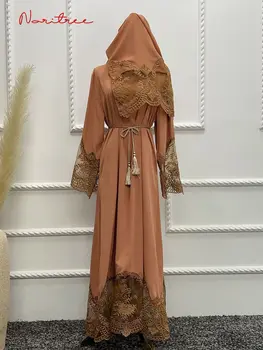 Шелковистый Rmandan Eid Robe Платья Мода Вышивка Мусульманские Платья женский Полнометражный Кружевной Хиджаб Исламская Мягкая мусульманская абая wy1412 Изображение