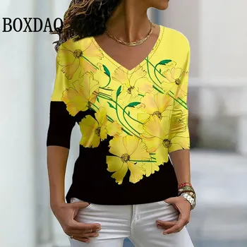 Весенний модный пуловер, футболка с длинными рукавами, Новый женский винтажный топ с цветочным принтом, рубашки оверсайз, повседневная свободная футболка с V-образным вырезом Изображение