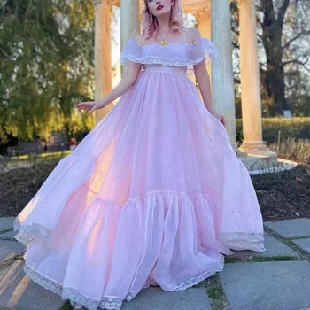 GypsyLady Элегантное Шикарное платье Макси с открытыми плечами, кружево из органзы, Бело-розовое женское платье, Многоуровневое Сексуальное женское вечернее платье Vestidos Изображение