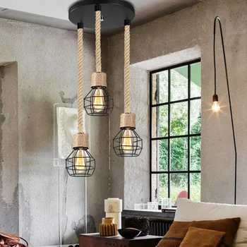 Винтажная железная пеньковая веревка, железный каркас, столовая, ресторан Hot Pot, подвесной светильник в ретро-индустриальном стиле Изображение