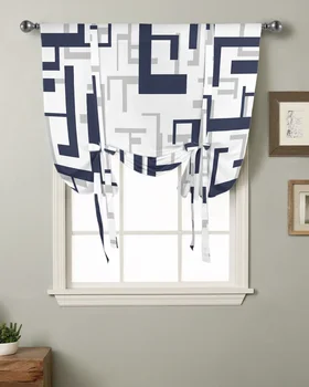 Современное искусство Геометрический Синий Серый Белый Кухонный короткий занавес на окно Современный домашний декор Маленькое окно Римские шторы на завязках Изображение