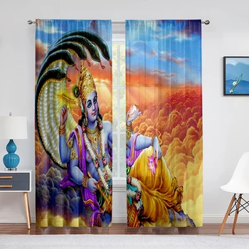 Господь Вишну на облаке Тюлевые шторы Индийский Индуистский бог Богиня Окно Прозрачная вуалевая занавеска для гостиной спальни кухонного декора Изображение