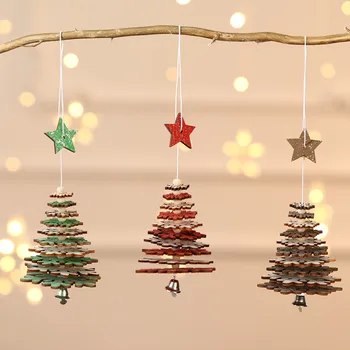 Рождественский колокольчик кулон деревянный креативный пентаграмма Снежинка Могила Конкатенация поделки Деревянная Рождественская елка 3D подвесное украшение Изображение