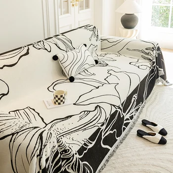 Универсальный чехол для дивана с защитой от кошачьих царапин для декора гостиной, полотенце для дивана, черные цветы, Синель, Одеяло Изображение