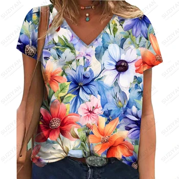 Летняя новая женская футболка с V-образным вырезом, яркая женская футболка с 3D-принтом в виде цветка, повседневная модная трендовая футболка с V-образным вырезом Изображение