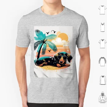Собака в солнцезащитных очках и пальма на заднем плане Дизайнерская футболка 6Xl Cotton Cool Tee Пляжный летний серфинг California Cool Изображение