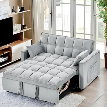 Раскладной диван 3 в 1, 2-местный бархатный раскладной тканевый диван-шезлонг, серый диван-кровать в гостиной Изображение