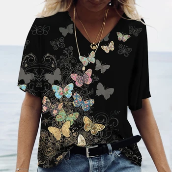 Летняя женская футболка в стиле харадзюку с V-образным вырезом и короткими рукавами, пуловер с 3D-принтом бабочки, повседневный уличный трендовый женский топ Изображение