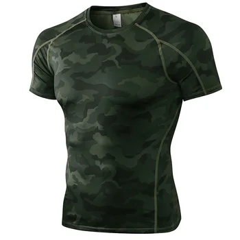 Камуфляжные футболки для тренировок с коротким рукавом, мужские облегающие толстовки с базовым слоем, спортивная одежда для активного отдыха Изображение
