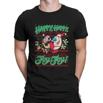 Рен И Стимпи Рождество Счастливое, Happy, Joy, Винтажная футболка В стиле Уродливого Свитера С коротким рукавом-The Ren & Stimpy Show Cartoon Изображение