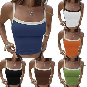 Женские топы на бретельках контрастного цвета, кружевная отделка без рукавов, укороченный корсет с глубоким вырезом, топы Y2K, одежда Изображение
