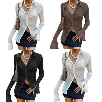 2023 Модная Сексуальная Элегантная Прозрачная рубашка с рюшами, винтажная женская блузка с длинным расклешенным рукавом и пуговицами, приталенная Осенние повседневные топы Изображение