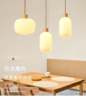 Подвесной светильник из Скандинавского стекла для столовой в японском стиле с проживанием в семье, Винтажный Деревянный Прикроватный подвесной светильник-люминер Изображение