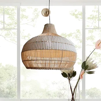 Подвесные светильники Nordic Gyro из ротанга, современное искусство ручной работы, ветряная лампа Wabi Sabi для украшения кухонного стола в ресторане, люстра E27 Изображение