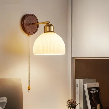 Настенный светильник из скандинавского стекла для гостиной, прикроватной тумбочки в спальне, настенного светильника цвета дерева с выдвижным выключателем, декоративное украшение для дома E27 Изображение