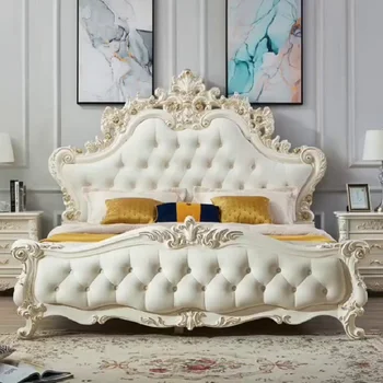 Европейская двуспальная кровать Главная спальня роскошная кровать 1,8 м Кожаная французская кровать Роскошная европейская свадебная кровать Изображение