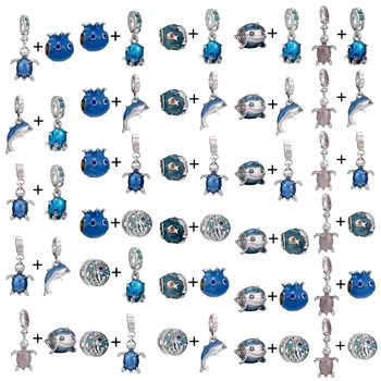2 шт./лот, 45 стилей, голубая черепаха и осьминожья бусина с подвесками, посеребренный браслет-оберег для женщин, ювелирный подарок в морском стиле. Изображение