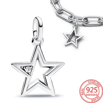Художественный серебряный Медальон ME из стерлингового серебра 925 пробы со сверкающей звездой, подходящий к браслету Pandora, ювелирный подарок на годовщину для женщин Изображение