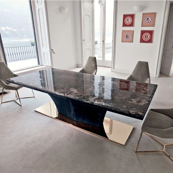 Мраморный прямоугольный обеденный стол и стул, сочетание небольшого домашнего легкого обеденного стола класса люкс Изображение