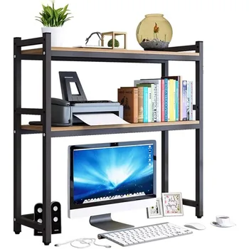Книжный шкаф для настольного компьютера TMUCUNG, двухъярусная полка для витрин на столешнице, многоцелевой регулируемый деревянный стеллаж-органайзер Изображение