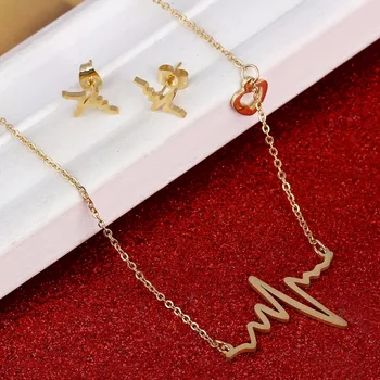 Золотое ожерелье с подвеской в виде сердца, серьги, кардиограмма для женщин, подарок на День Святого Валентина, ЭКГ сердцебиения, Кардиограмма для женщин Изображение