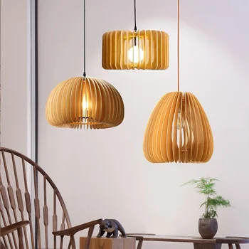 Потолочные подвесные светильники с рисунком дерева для кухонного творчества, минималистичные деревянные ресторанные лампы, Средневековая тыквенная люстра Изображение