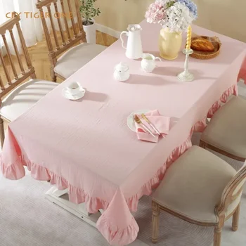 Хлопчатобумажная прямоугольная скатерть в корейском стиле со свежими розовыми оборками по низу, моющаяся и маслостойкая, коврик для журнального столика, покрытие стола Изображение
