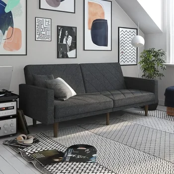 Раскладной диван-футон DHP Paxson с льняной обивкой и деревянными ножками - Серый, двухместный Изображение