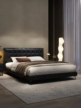 Итальянская минималистичная кожаная кровать, современная простая легкая роскошь, двуспальная кровать в главной спальне, новая небольшая кровать в квартире Изображение