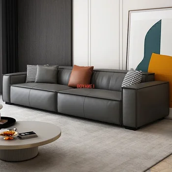 Модульный кожаный диван Диваны для гостиной из воловьей кожи скандинавского типа для небольшого дома с прямым рядом Divani Da Soggiorno Мебель для спальни Изображение