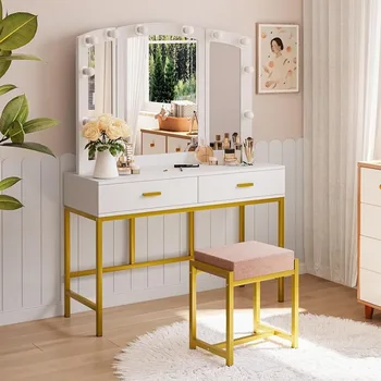 Туалетный столик для макияжа с зеркалом и подсветкой, белый туалетный столик с 2 ящиками и табуреткой, туалетный столик для девочек Изображение