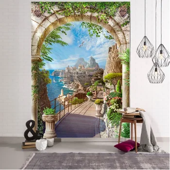 Декорации коридора, Настенный пейзаж, Гобелен, морской пляж, Тканевый коврик, Цветочное одеяло, украшение дома, общежития Изображение