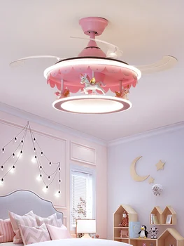 Розовый Троян, вентилятор для детской комнаты, потолочный вентилятор для спальни принцессы для девочек, креативные мультяшные лампы полного спектра Изображение