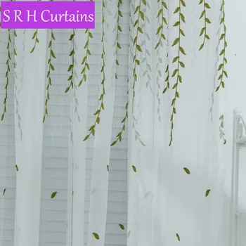 Пасторальная вышивка зелеными листьями ивы, прозрачное окно спальни, тюлевые занавески для гостиной, кухонные шторы Cortinas Изображение