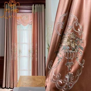 Новая комната китайских девочек, Розовая оконная ширма с вышивкой, Блестящие шторы для гостиной, спальни, Виллы, Французское окно по индивидуальному заказу Изображение