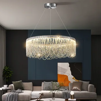 Современная светодиодная люстра с бахромой, подвесные светильники для гостиной, Хромированная круглая / Овальная лампа для спальни с кисточками, лампа на алюминиевой цепочке Изображение