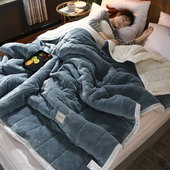 Поступление 2023 года, весенние теплые одеяла из кораллового флиса, Сшитый плед для кровати, 3 слоя, теплые одеяла, Фланелевое мягкое утолщенное одеяло?? Одеяло Изображение